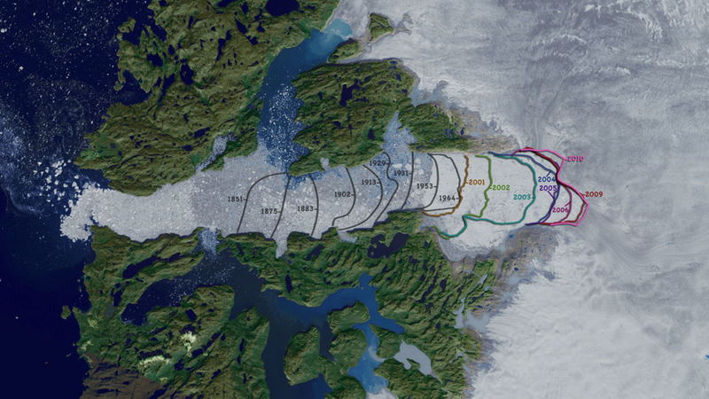 Evolution of the calving front of Jakobshavn glacier over more than a century. Following a period of stability from the mid 20th century to the late 1990s, Jakobshavn began to retreat rapidly.